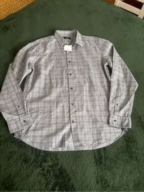 NWT Large Vince Men’s Plaid Gray Black White Cotton Button Down Shirt $195.